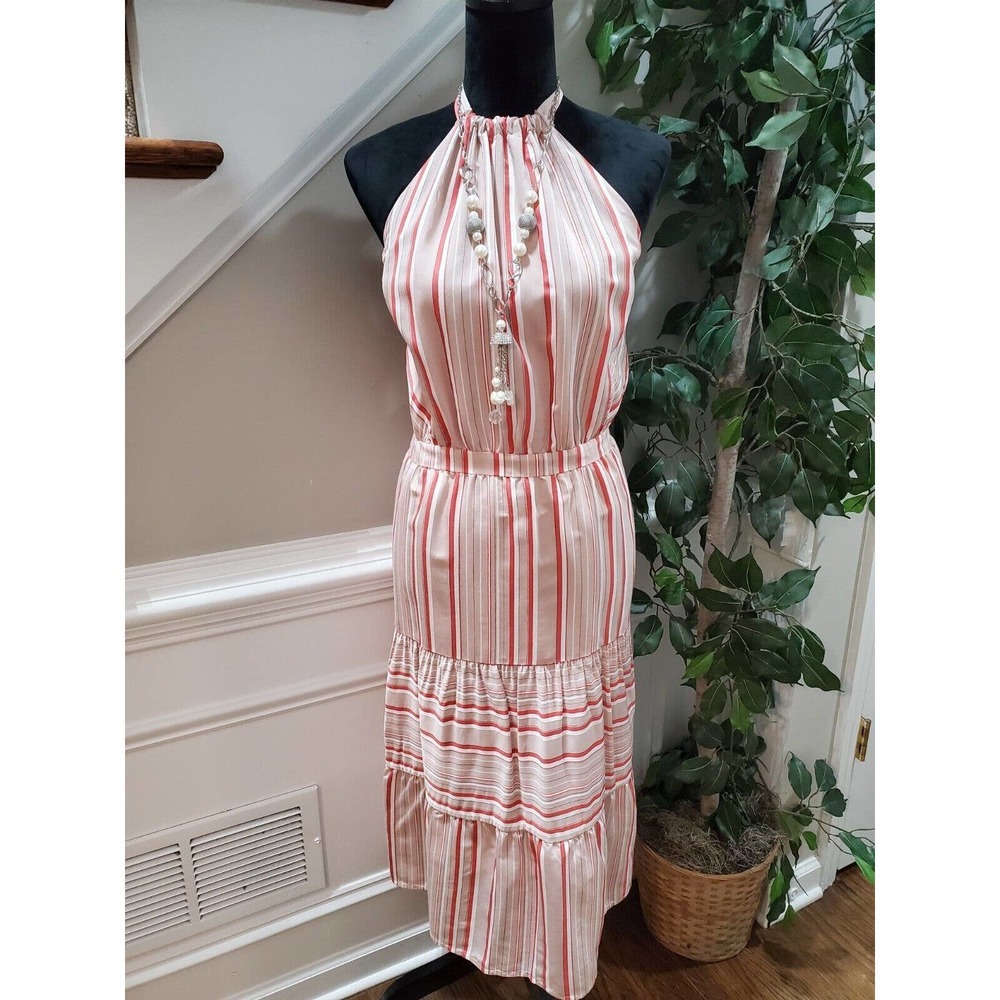 Kaari Blue Women's Pink Striped Rayon Halter Neck Sleeveless Knee Length Dress L